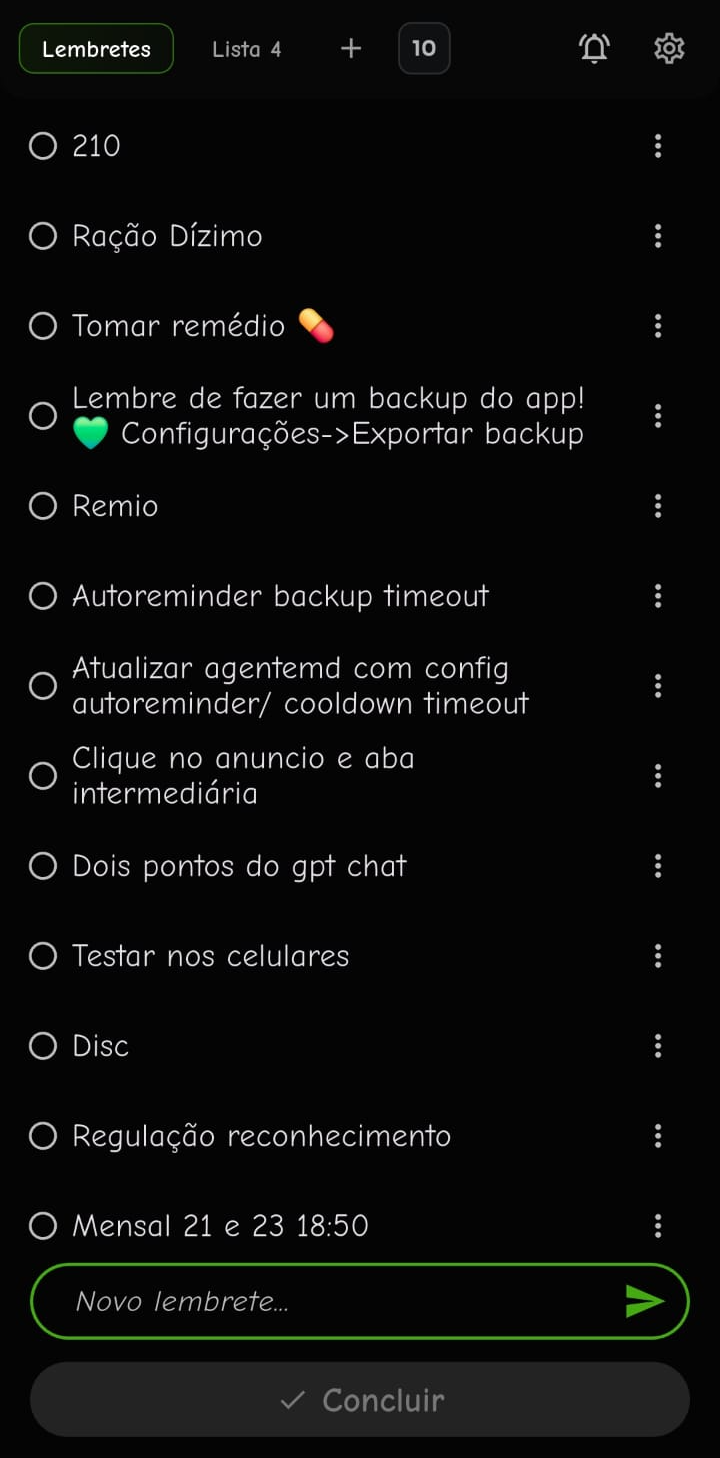 Preview do app Remio com lista de lembretes em tema escuro