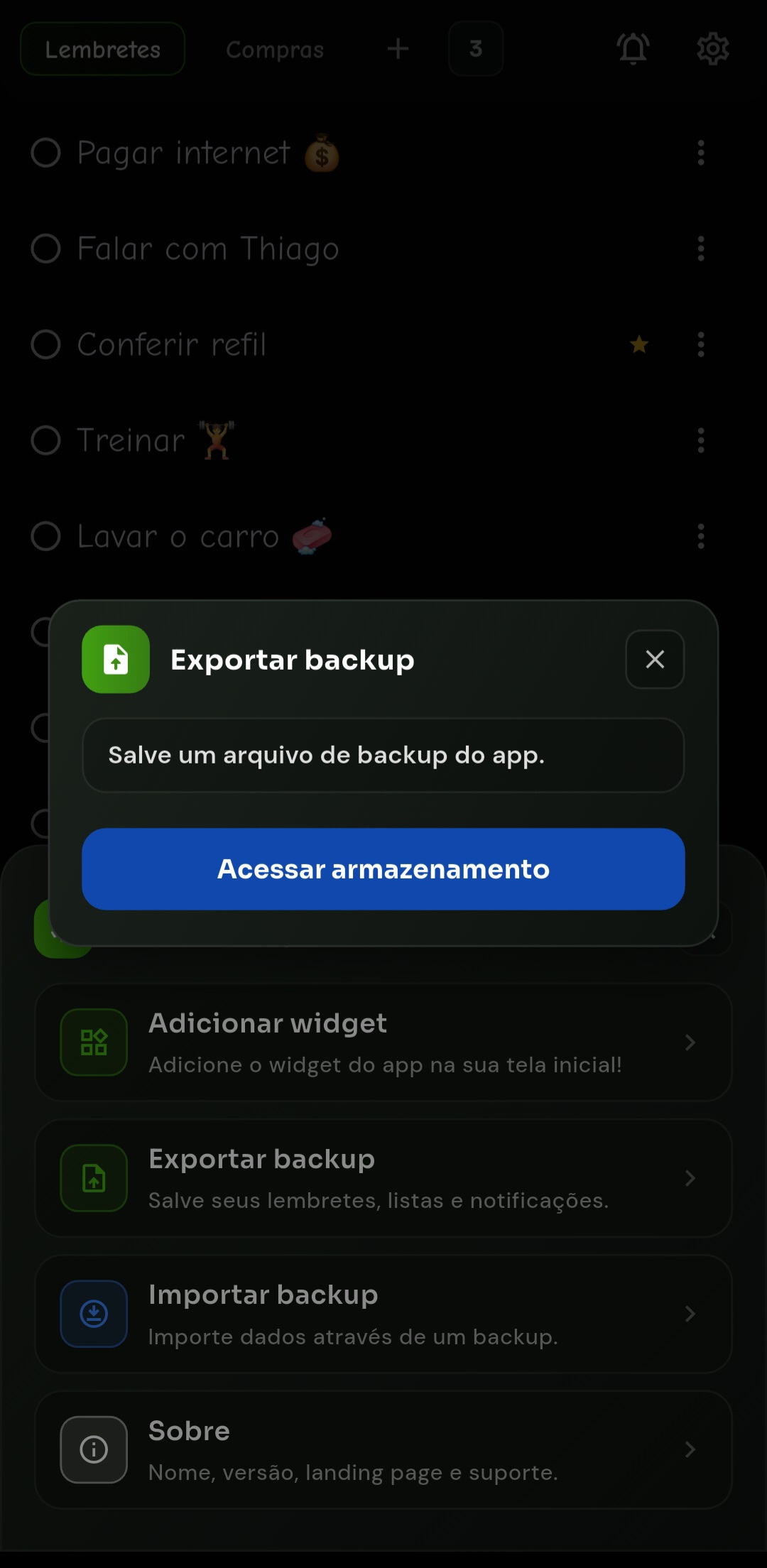 Tela do Remio com opcao de exportar backup