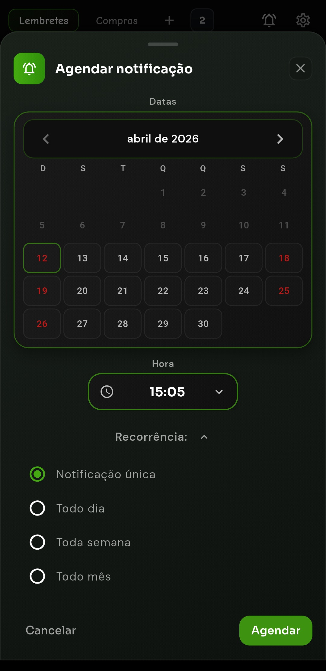 Tela do Remio para agendar notificacao com calendario e recorrencia