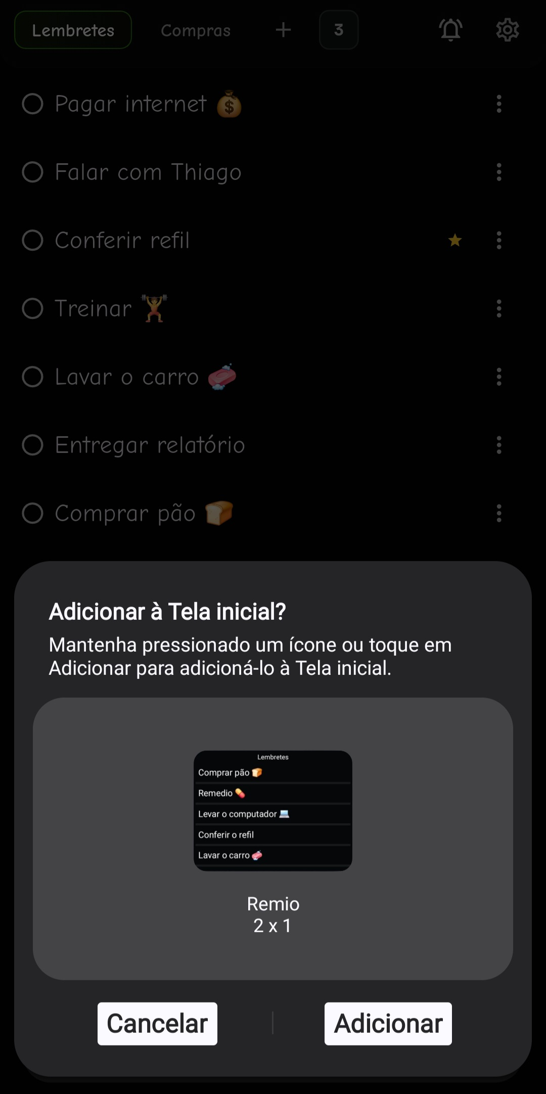 Tela do Remio mostrando a adicao do widget na tela inicial
